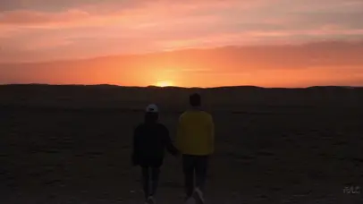 唯美夕阳下情侣牵手行走背影