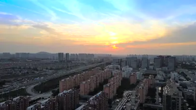 4K唯美城市落日余晖夕阳天空