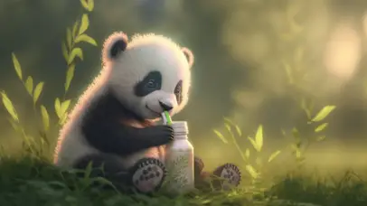 可爱熊猫在草地上喝奶奶
