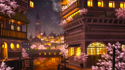 夜晚樱花的水之都