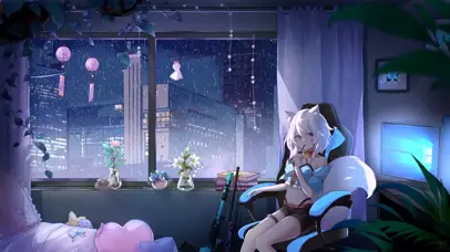 4K 动漫雨夜城市房间少女