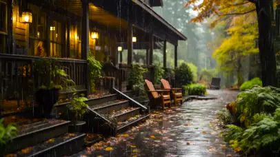 雨天秋林木屋