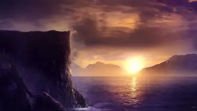 夕阳悬崖海浪