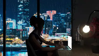夜晚雨天玩电脑