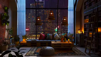 窗外小雨的纽约公寓