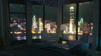 舒适的卧室 城市雨景