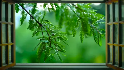 窗外春雨绿树