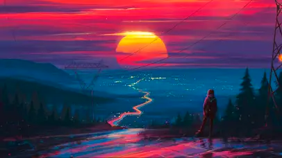 治愈 晚霞的雨天公路