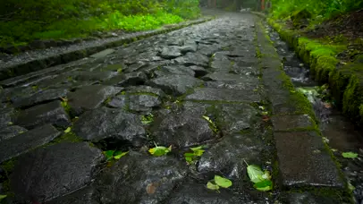 4K雨中的石板路