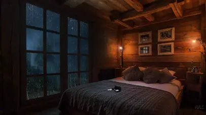 舒适卧室猫咪窗外雨