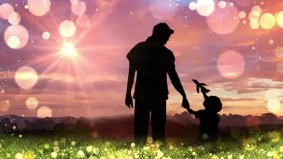 红色父子亲情落日余晖映晚霞