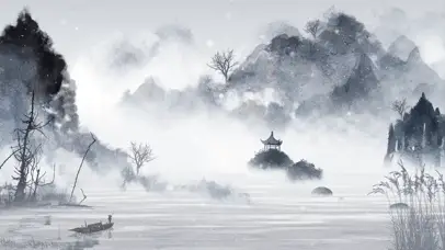 水墨云烟中国风芦苇渔船