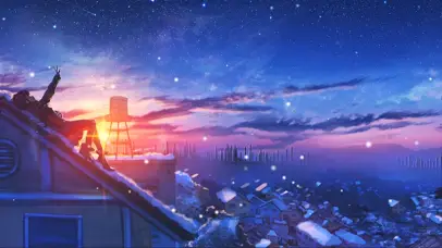 晚霞屋顶房松少女