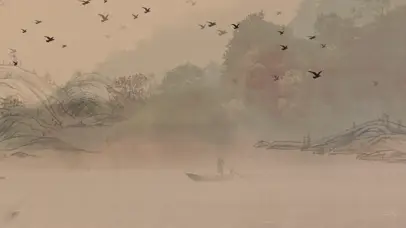 花鸟卷轴山水画