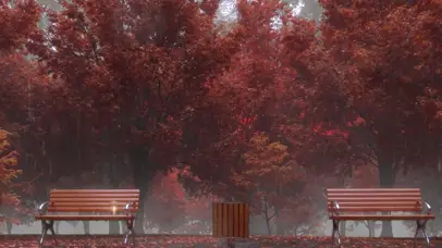 秋雨落在公园长椅上