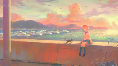 夕阳少女与猫