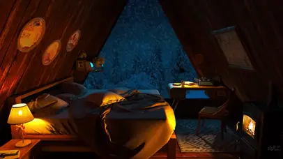 暴风雪夜晚舒适的木屋