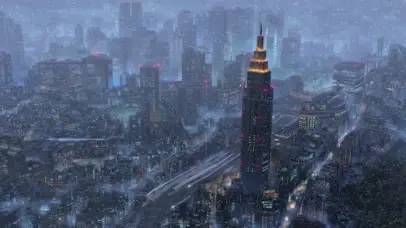 动漫城市夜间雪景