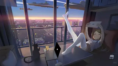 窗边玩游戏的白丝动漫少女