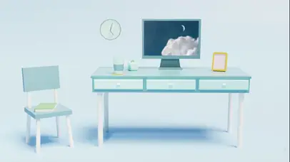 3D渲染办公室、书桌、椅子