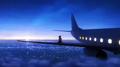 夜空机翼上的女孩
