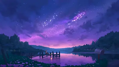 傍晚的湖岸看星空