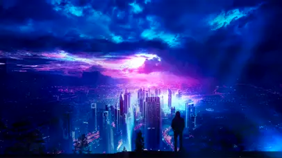 男孩高处看梦幻城市
