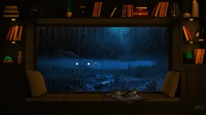 窗外大雨和可爱猫咪