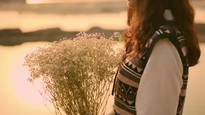 4k夕阳鲜花女孩剪影唯美