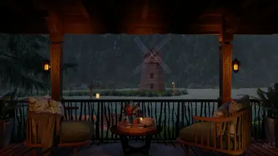 雨夜舒适的湖边小屋