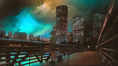 雨屏 仰望星空的少女