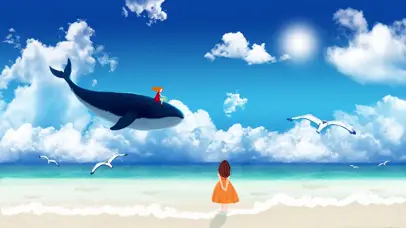 唯美海面鲸鱼蓝天白云插画