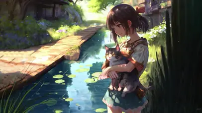 夏季女孩和猫