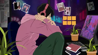 雨天听音乐的少年