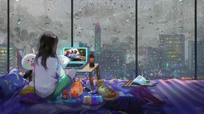 4K雨天城市窗边动漫少女