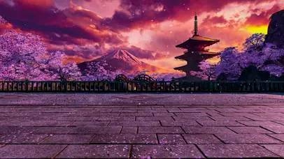 夕阳樱花富士山