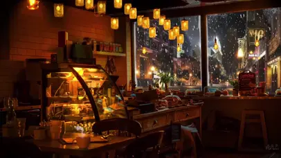雪夜咖啡厅氛围