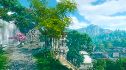 古风庭楼瀑布小竹林