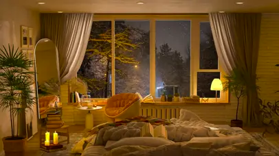 温馨的冬日雪夜卧室