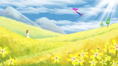 唯美黄色油菜花女孩放风筝插画