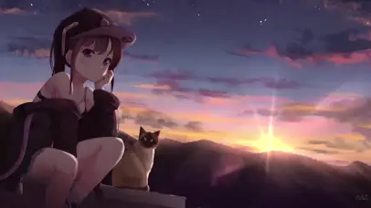 晚霞下的女孩与猫