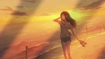 海边日落光脚的少女4k