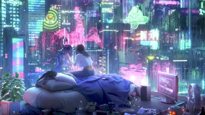 赛博朋克雨夜城市房间