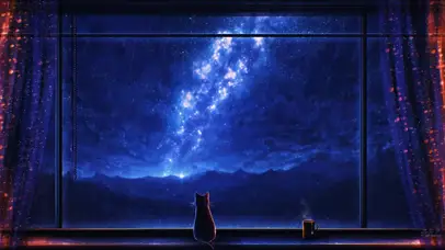 星空雨夜窗台小猫