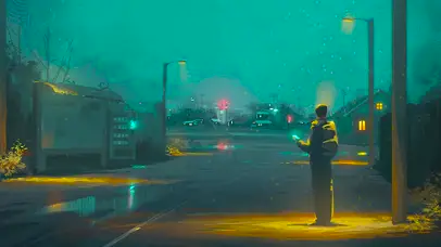 雪夜路灯下迷茫的男孩