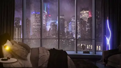 雨天都市夜晚房间