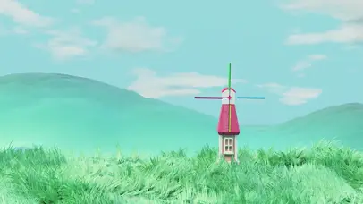 白云、风车、草地、远山