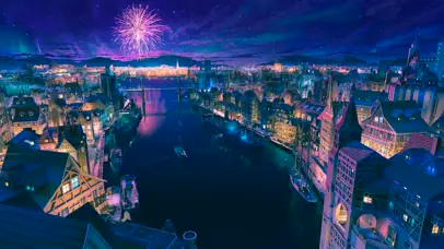 唯美烟花海上都市