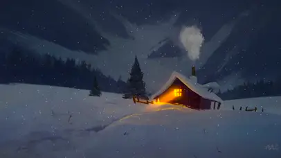 唯美夜晚雪山房屋