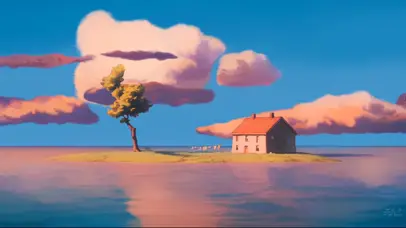 夕阳海上小屋